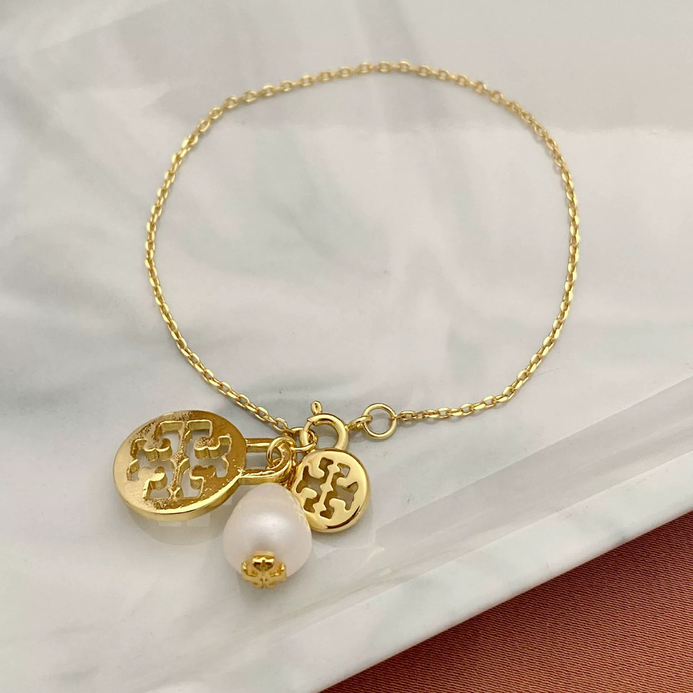 Tory Burch Letter Freshwater Pearl Pendant Metal Bracelet